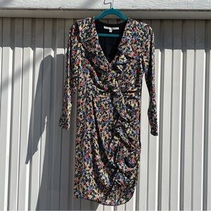Veronica Beard black silk floral ruffle long sleeve mini dress